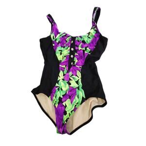 Vintage Slimsuit One Piece Bathing Suit Size 14 Black Purple Green Floral